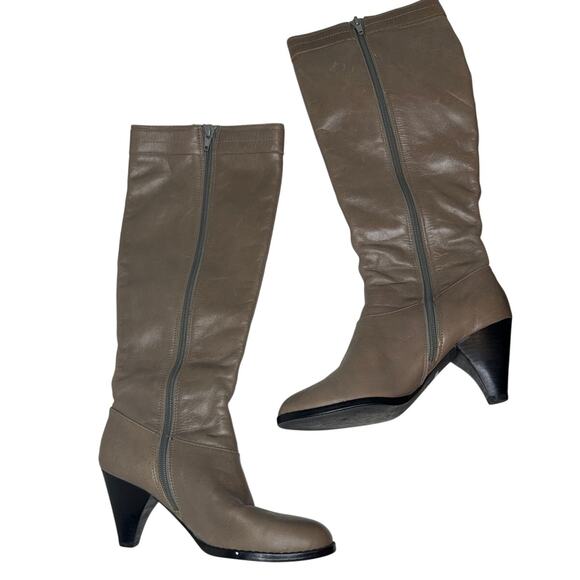LOFT Size 7 Tan Beige Leather Side Zip Neutral Fall Tall Heel Boot Closet Staple - Picture 1 of 13